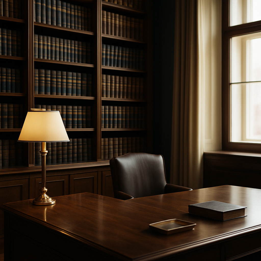 Klassisches Kanzleibüro mit Bücherregalen und warmem Tageslicht